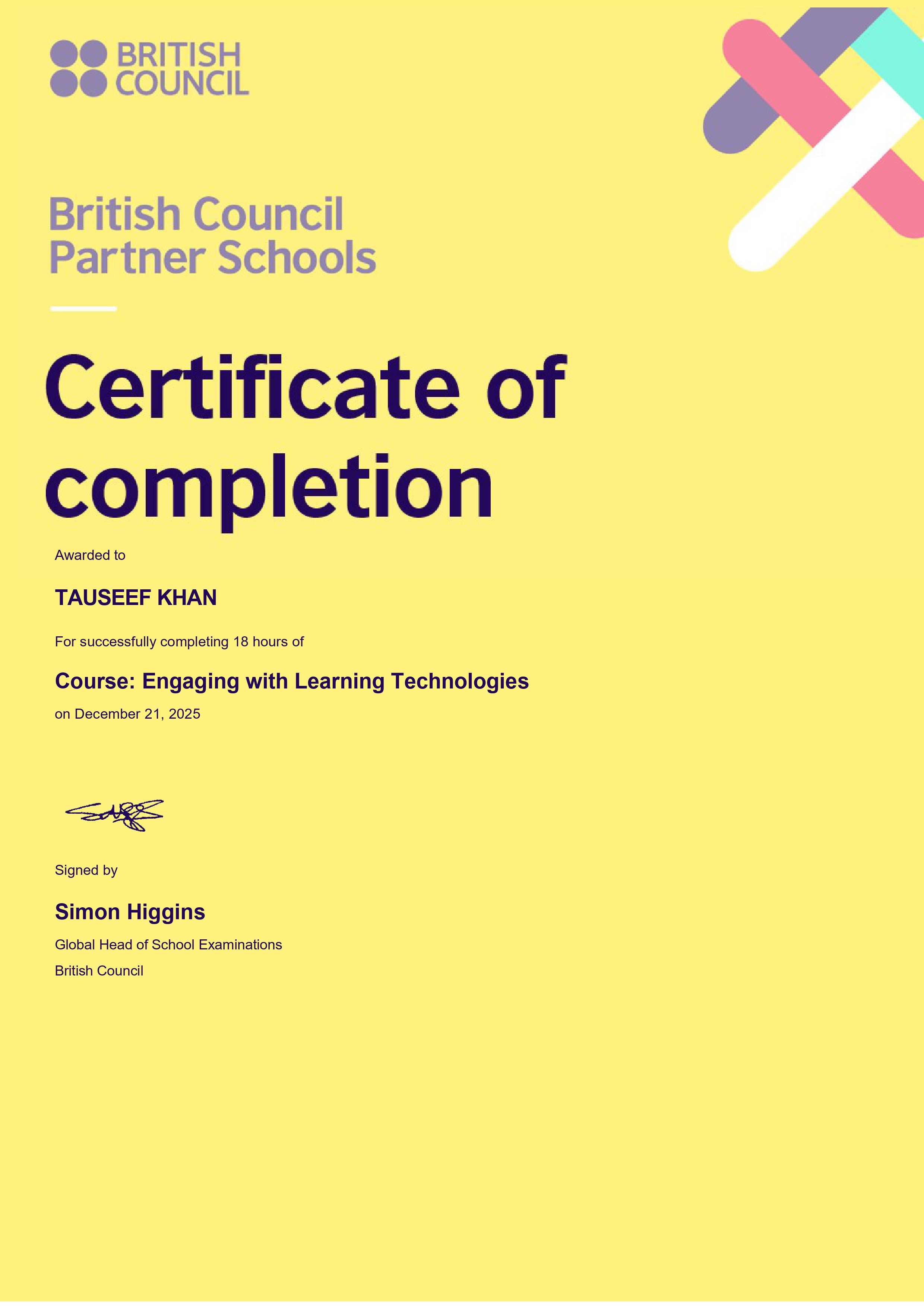 British Council School Award Certificate